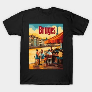 Visitors savor delicious food while seated at a charming riverside cafe in Bruges. The picturesque architecture and serene water create a T-Shirt
